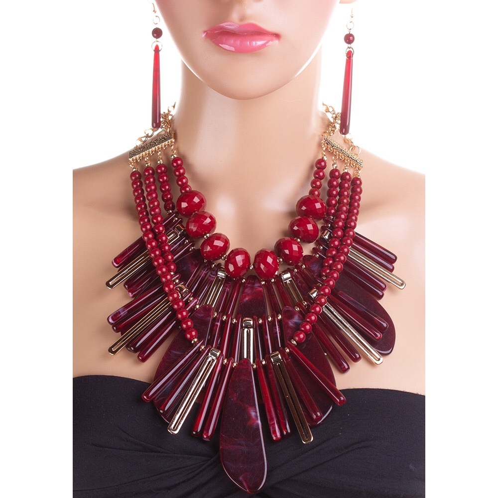 Gold & Burgundy Mix Marbled Resin Statement Necklace - Picture 3 of 3